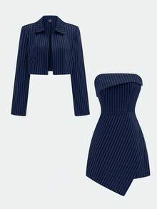 Sweetra Women's Fashion Casual Striped Tube Dress & Jacke2 Piecesce Set - Navy Blue - View 3