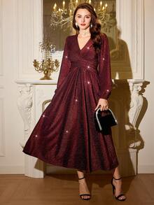 Vintamour Vestido de fiesta elegante y clásico de estilo vintage para mujer, de corte ajustado, con cruce en la cintura, escote en V y manga larga, en colores metálicos dorado/plateado y burdeos - Burdeos - Ver 1