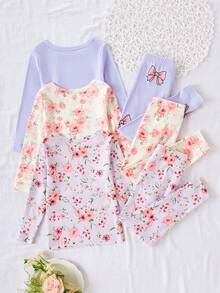 6pcs Snug Fit Long Sleeve Top And Pants Pajama Set, Comfortable Casual Loungewear For Young Girls