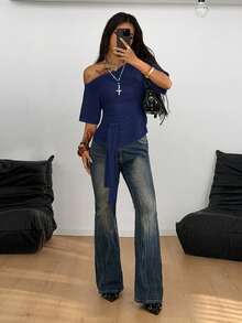 Coolane Women's Winter Y2K Streetwear Casual Solid Color Minimalist Oblique Shoulder T-Shirt, Everyday Wear - Navy Blue - View 5