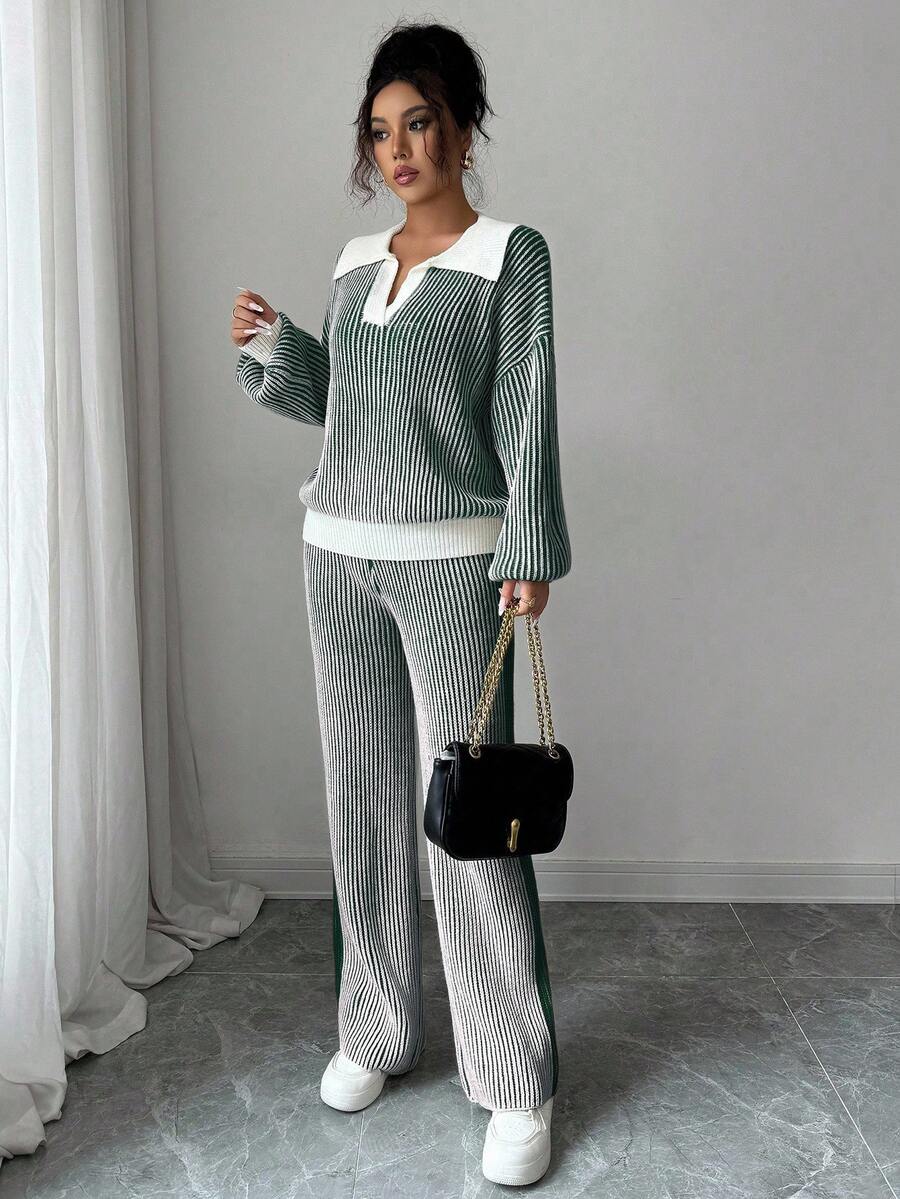 Elenzga 2pcs/Set Setelan Wanita Polo Kerah Patchwork Warna Kontras Sweater Pullover + Celana Panjang, Musim Gugur/Musim Dingin - Dark Green - View 1