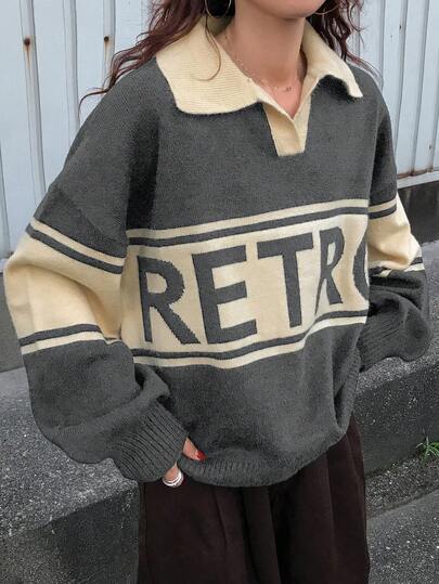 FRIFUL 女士休闲宽松撞色拼布字母图案毛衣
