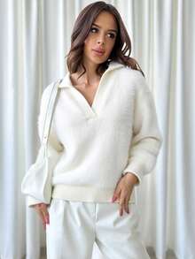Firerie 女款純色蝙蝠袖寬鬆休閒毛衣，秋冬舒適新款新年款 - 白色 - 查看 2