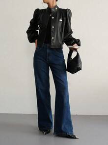 Aidyla 女士PU皮长袖休闲纽扣衫，秋冬季时尚百搭，可搭配常规外套 - 黑色 - 查看 5