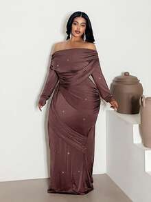 Maweii Plus Size Elegant Fitted Oblique Shoulder Long Sleeve Versatile Dress - Coffee Brown - View 5