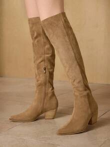 MOTF WOMEN'S NEW CHUNKY HIGH HEEL ROUND TOE OVER-THE-KNEE SLIM BOOTS, WINTER - Brown - View 3