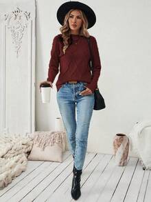 EMERY ROSE Solid Color Round Neck Casual Slim Fit Pullover Long Sleeve Sweater Burgundy Tops For Women - Burgundy - View 4