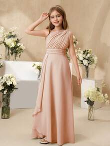 SHEIN Tween Girls Elegant Wedding Flower Girl Dress, Chiffon Ruffled Shawl, Fashion Party Tulle Puff Princess Dress, Suitable For Girls Of All Seasons Fall Winter