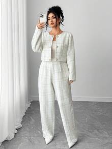 Elenzga 大码格子短外套和直筒裤两件套 - 白色 - 查看 5