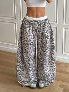 SHEIN EZwear Leopard Women's Casual Loose Fit Leopard Print Wide Leg Pants Cheetah Pants Cheetah Print Bottoms Leopard Pants Loose Pants - Grey - View 7