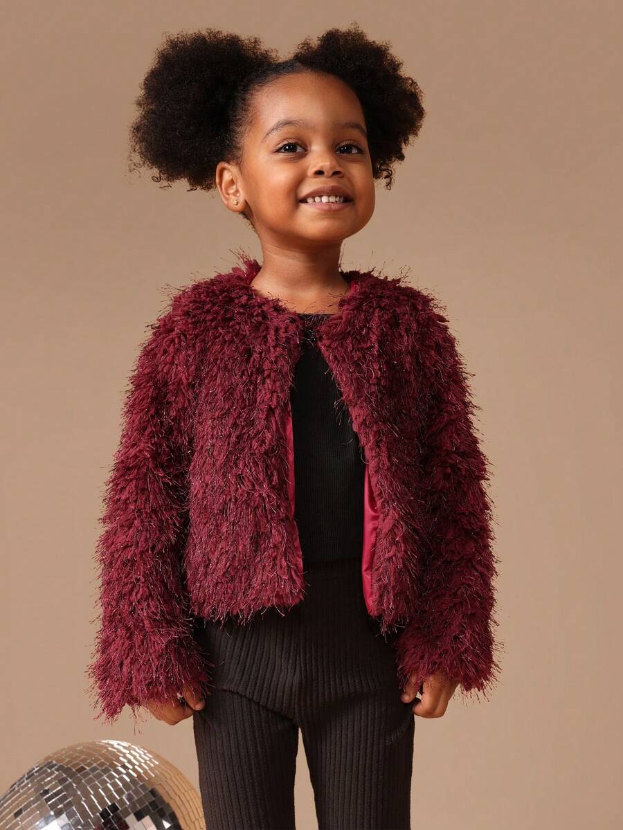 SUMWON 酒红色毛绒泰迪熊短款外套,长袖设计,适合假日派对、冬季场合和度假穿着。 - 酒紅色 - 查看 1