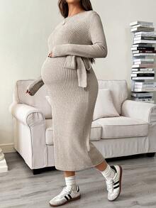 SHEIN Umstandsmode Einfarbig Rundhals Langarm Seitenknoten Gerippt Tailliert Freizeitkleid