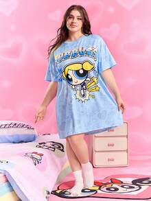 THE POWERPUFF GIRLS X SHEIN 大码泡泡图案蓝色圆领短袖睡袍