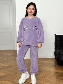 2 件套幼儿和青少年女孩双面羊毛圆领运动衫和运动裤，女孩休闲秋冬装 - 紫色 - 查看 3