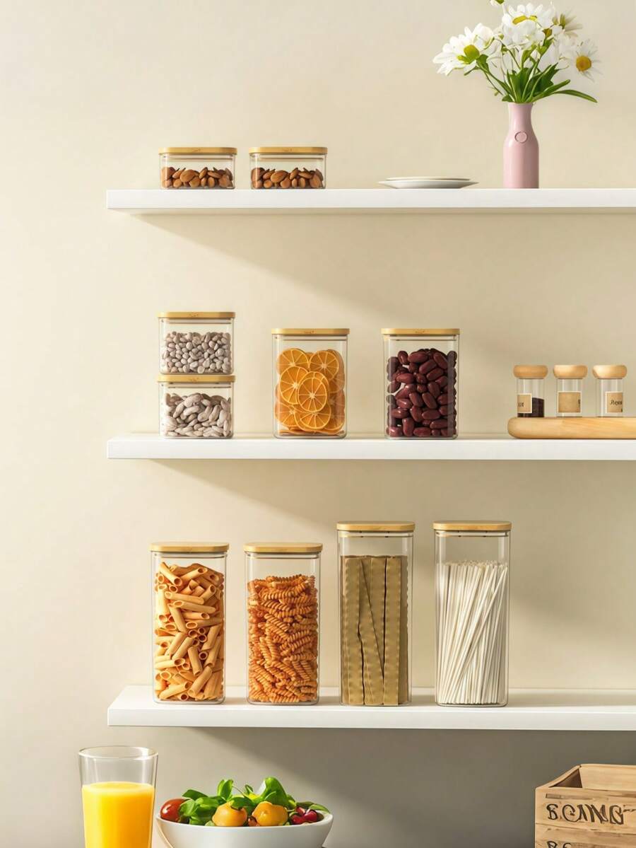 Recipientes herméticos para mascotas con tapas de bambú | Frascos sellados para almacenamiento y organización de alimentos secos - Arroz, azúcar, harina, fideos, cereales, frijoles, nueces - Transparente - Ver 1