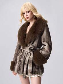 ROMWE EDITION Chaqueta de moda con cinturón, manga larga y cuello de piel sintética para mujer - Multicolor - Ver 5