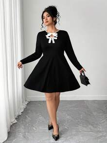 Elenzga Black Long Sleeve Dress With White Bow, Comfortable And Versatile, Suitable For Commuting And Casual Wear, Plus Size, Autumn/Winter - Black - View 4