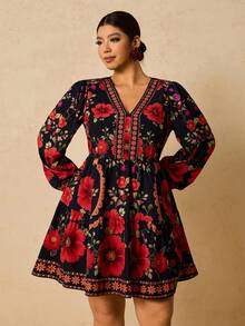 Travachic 大码波西米亚休闲印花海军蓝 V 领长泡泡袖腰部收紧镂空后背蝴蝶结拼接短裙，适合度假、派对、郊游 - 黑色 - 查看 7