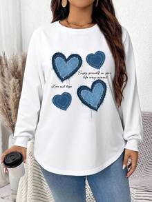 EMERY ROSE Casual Blue Heart Print Plus Size Curved Hem White Thermal Lined Loose Sweatshirt, Suitable For  Women Long Sleeve Tops Graphic,Spring - White - View 5