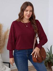 SHEIN LUNE 大码女装春秋季圆领撞色蕾丝长袖优雅衬衫，白色上衣，商务休闲派对亮片假日款 - 酒紅色 - 查看 4