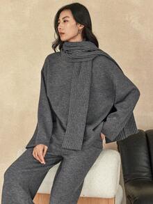 Dazy-Less 女士宽松商务休闲优雅开衫针织上衣和直筒裤两件套，秋冬 - 灰色 - 查看 5