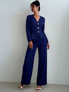 Firerie Women's Fashion Casual Commuter Urban Chic Street Style Versatile Academic Teacher Outfit, New V-Neck Metal Button Waist Long Sleeve Faux Denim Jacket And High Waist Pants Set, Navy Blue, Autumn Winter Clothes For Women - Navy Blue - View 2