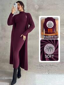 Firerie Women's Burgundy Vintage French Fitted Knit Dress And Cardigan Two Pieces Set, Dress And Cardigan Sweater Suit, Elegant Commuter Women's Outfit, Autumn/Winter Clothing, Graceful, Commuter,Cozy Fall And Winter Clothes For Women,New Year Clothes