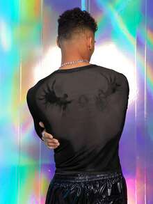 FeverCity 男士数码印花网眼圆领紧身长袖T恤，性感，适合夏季和秋季 - 黑色 - 查看 2