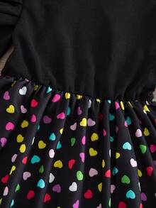 SHEIN 青少年女孩休闲拼布心形印花荷叶边长袖上衣，秋季