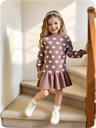 SHEIN Playful Pals Young Girls Floral Jacquard Knit Sweater Dress, Crew Neck Regular Fit Cartoon Flower Pattern Knitwear Dress, Soft & Comfortable, Suitable For Spring, Autumn, Winter, Daily Wear, Outings, Travel, Vacation, Home, Daycare, Kids Play Brown Dress Kids Girl S Spring And Autumn Dress Long Sleeve Dress For Girls Kids Polka Dot Dress Autumn And Winter Young Girls Dressse