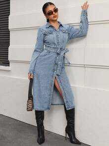 SHEIN PETITE 女式时尚休闲单排扣腰带牛仔连衣裙