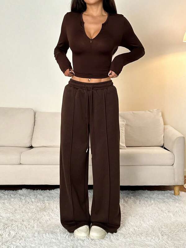 SHEIN PETITE Conjunto de 2 peças de camiseta de manga comprida com zíper e calça de moletom com cordão, casual e de perna reta, para mulheres, ideal para relaxar e usar na rua, versátil para outono/inverno