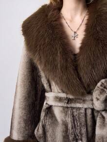 ROMWE EDITION Chaqueta de moda con cinturón, manga larga y cuello de piel sintética para mujer - Multicolor - Ver 2