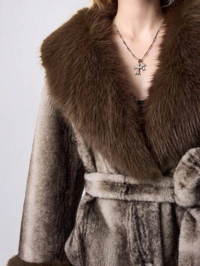 Grunge Punk Women's Faux Fur Collar Long Sleeve Belted Fashion Jacket