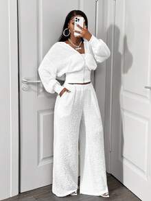 BamGleam Bộ đồ 2 món thường ngày, áo hoodie dài tay trễ vai màu trơn có khóa kéo và quần ống rộng cho nữ, mùa thu - trắng - Xem 5