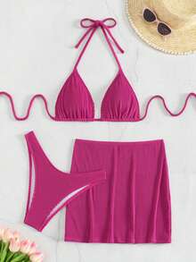 Costavie Bộ bikini dây cổ màu trơn đi biển mùa hè cho nữ kèm váy che, 3 chiếc - Màu Hồng Tươi - Xem 5