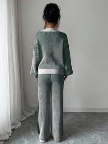 Elenzga 2pcs/Set Setelan Wanita Polo Kerah Patchwork Warna Kontras Sweater Pullover + Celana Panjang, Musim Gugur/Musim Dingin - Dark Green - View 2