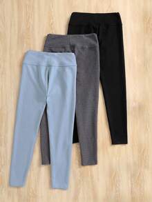 SHEIN Bộ 3 quần legging lót nhiệt lưng cao dệt kim cho bé gái, mềm mại và dày dặn, họa tiết trái tim tối giản, thích hợp cho mùa thu/đông - Nhiều màu - Xem 6