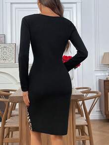 SHEIN LUNE 女式时尚通勤豹纹拼布修身中长连衣裙 - 黑色 - 查看 2