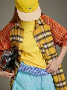 Elnivra Camisa de mujer de manga larga a cuadros tejida con bolsillos, estilo deportivo casual retro americano, versátil para volver a la escuela, otoño - Amarillo - Ver 3