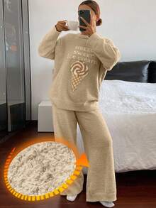 DAZY 2件套冰淇淋印花抓绒针织宽松蓬松睡衣套装，女士秋冬舒适保暖服