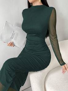 Modelyn 女式纯色简约日常长袖网眼连衣裙超长款女式长款晚礼服 - 墨綠色 - 查看 7