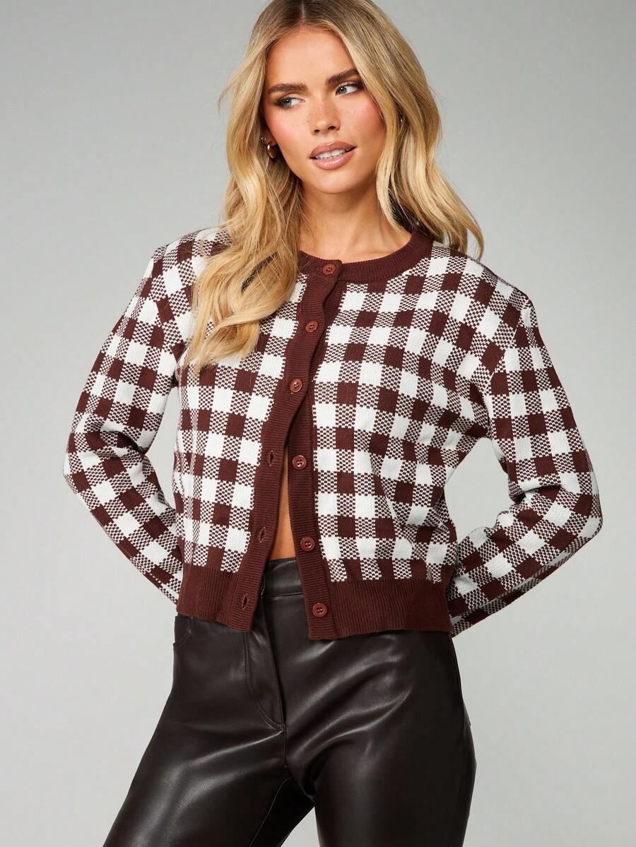 MISSGUIDED 宽松版型纽扣前开衫，格纹图案，适合秋冬分层穿着 - 彩色 - 查看 1