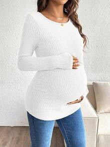 SHEIN Solid Color Round Neck Raglan Sleeve Fitted Ribbed Nursing Top Pregnant Pregnancy Maternity White Maternity Fall Winter Maternity Shirt - White - View 6