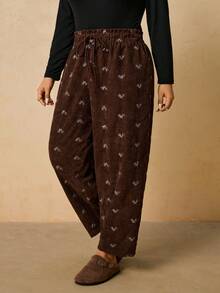 Travachic Plus Size Casual Floral Embroidered Drawstring Waist Pants, Autumn/Winter - Coffee Brown - View 3