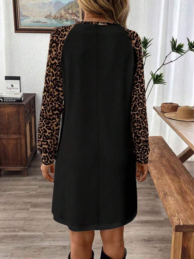 Women's Leopard Print Patchwork Round Neck Loose Straight Mini Dress Leopard Print Dress