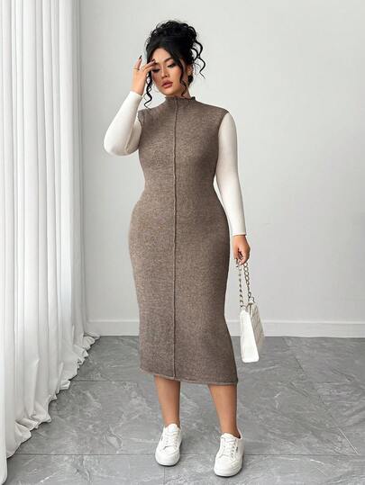 Elenzga 大码女式纯色立领修身针织毛衣裙，秋冬