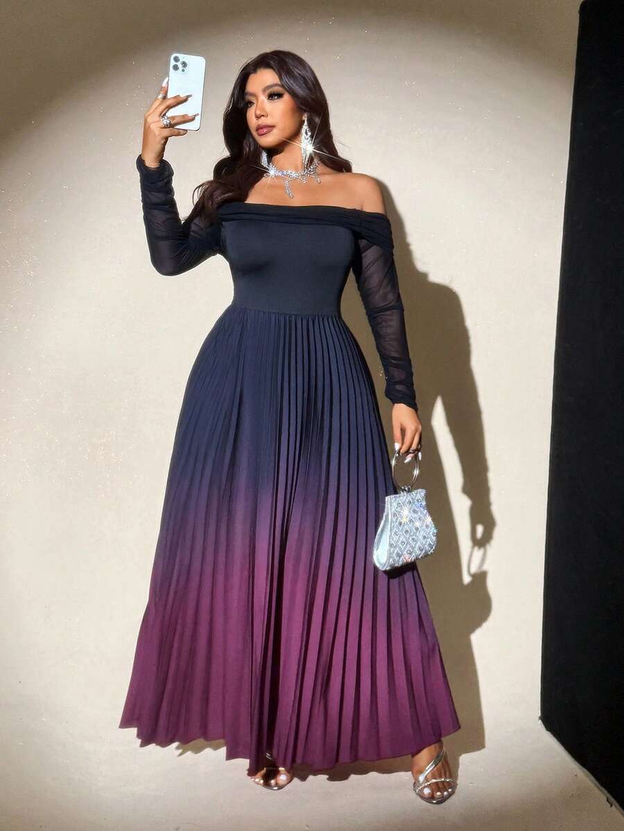 Viva Relle Plus Size Women's Elegant Romantic Party Gathering Elastic Fitted Waist Flared Ombre Pleated Dress, Spring/Autumn - Multicolor - View 1