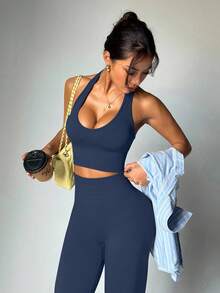 Dewbera Women's Solid Color Halter Sleeveless Cropped Fitted Casual Fitness Sportswear Set Ribbed Workout Set Navy Workout Set 2 Piece Sets Woman Active - Dusty Blue - View 3