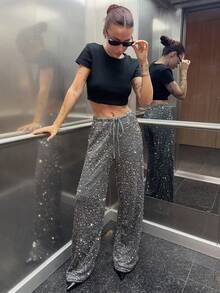 Abrilcols Women's Black Velvet Silver Sequin Drawstring Wide Leg Pants, Suitable For Daily Wear, Concert, Cocktail Party, Party, Nightlife, Carnival Party Glittering - Dark Grey - View 5